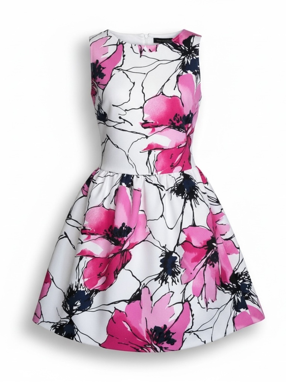 Aqua Floral Mini Dress L Pink White Fit & Flare Open Back Deep V Neck USA